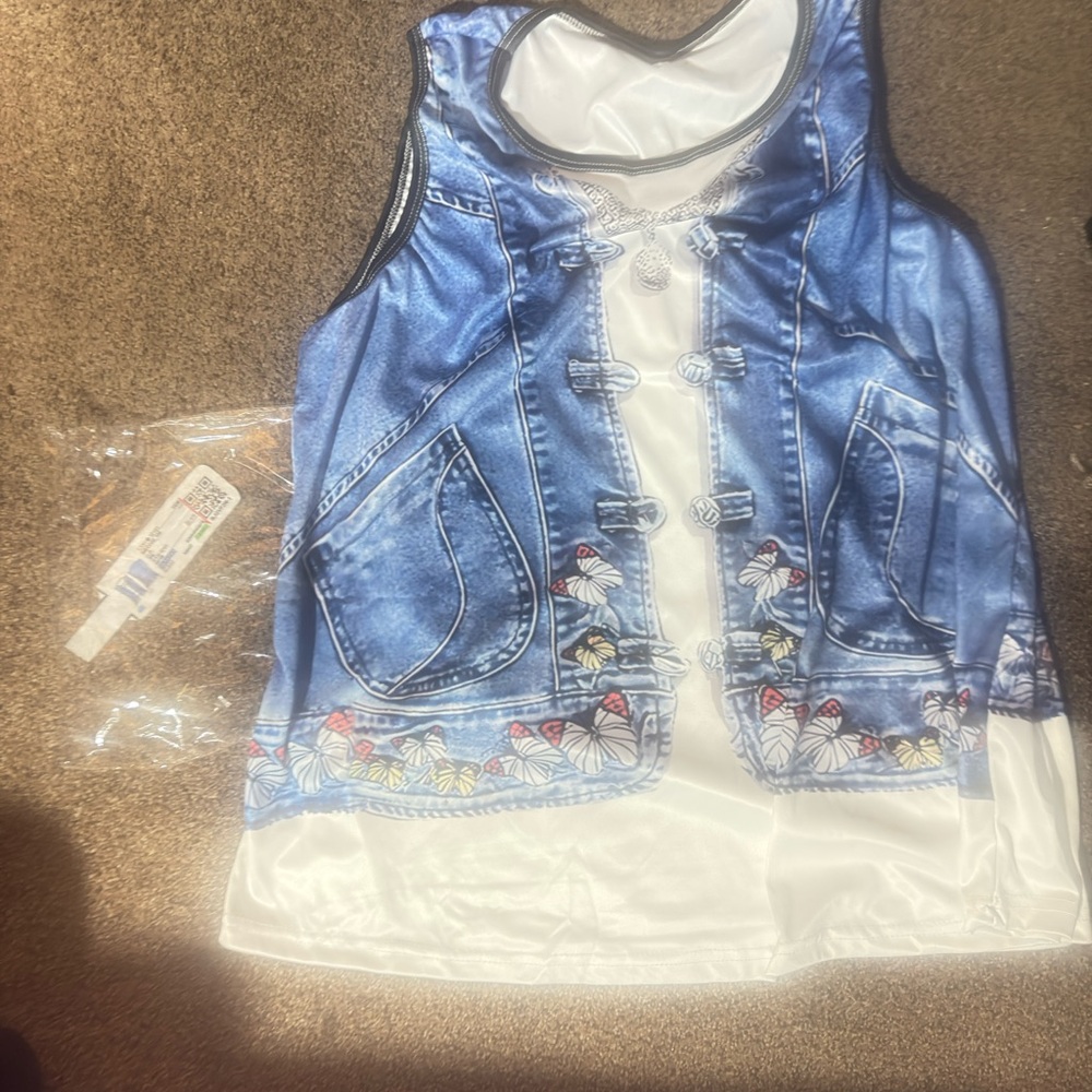 Unbranded Faux Blue Denim Vest Print on White Sleeveless Top Women’s 1X